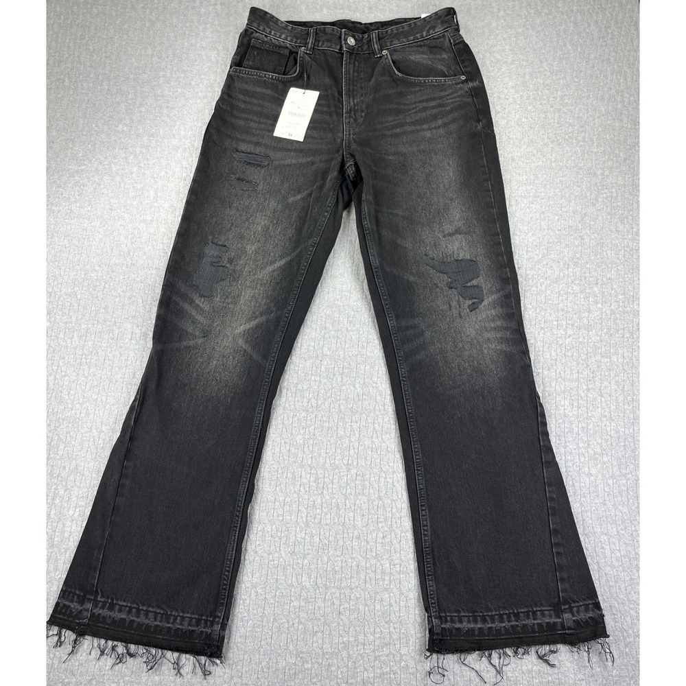 New Zara Bootcut Flare Fit Jeans Mens 31 Black Distressed Raw Hem Baggy Thigh
